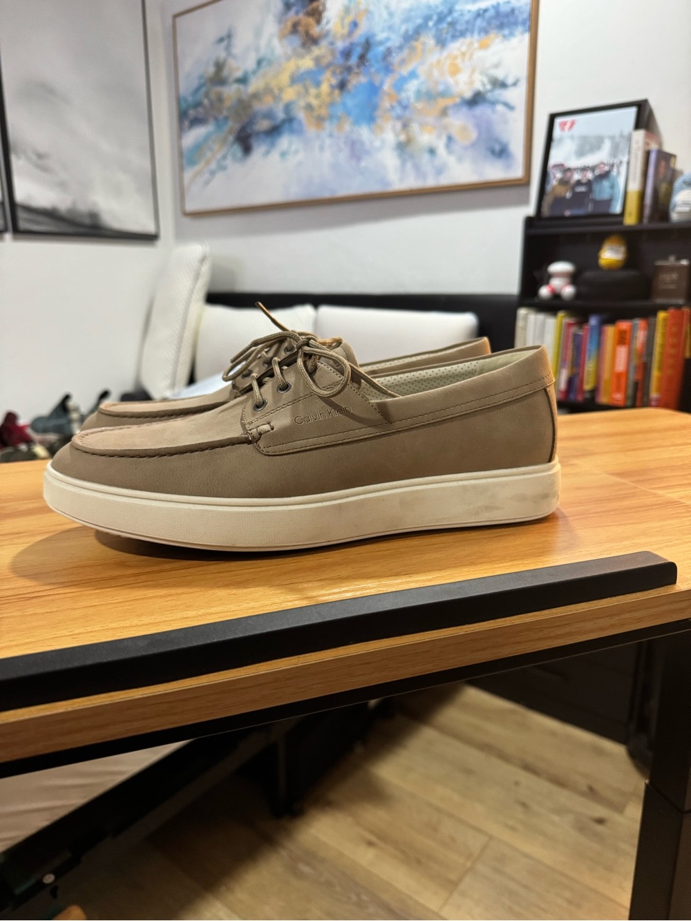 Calvin Klein Men's Taupe Boat Shoes with White Sole